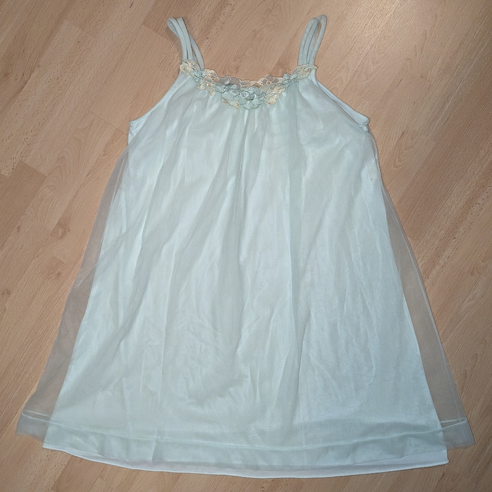Vintage Miss Elaine Mint Green Babydoll Nightgown Peignoir Chiffon Applique 1960 - Picture 1 of 12